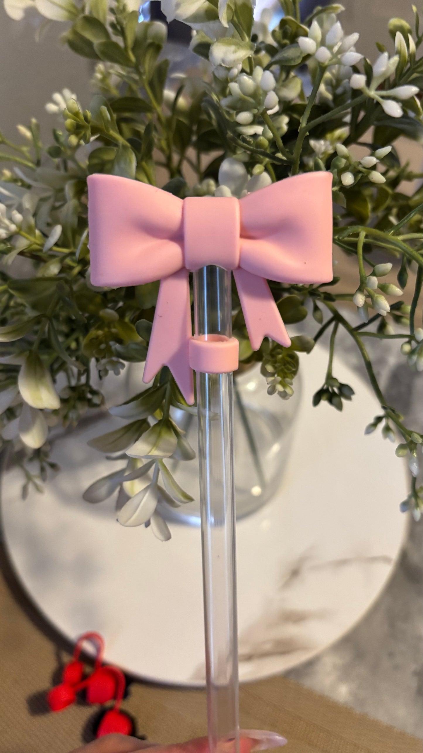 Pink bow straw topper