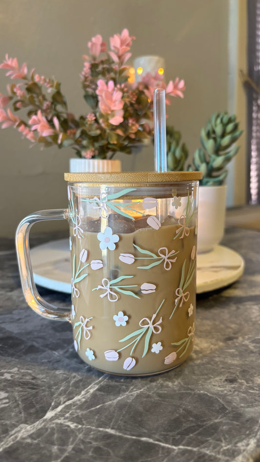 Tulips and bows glass mug