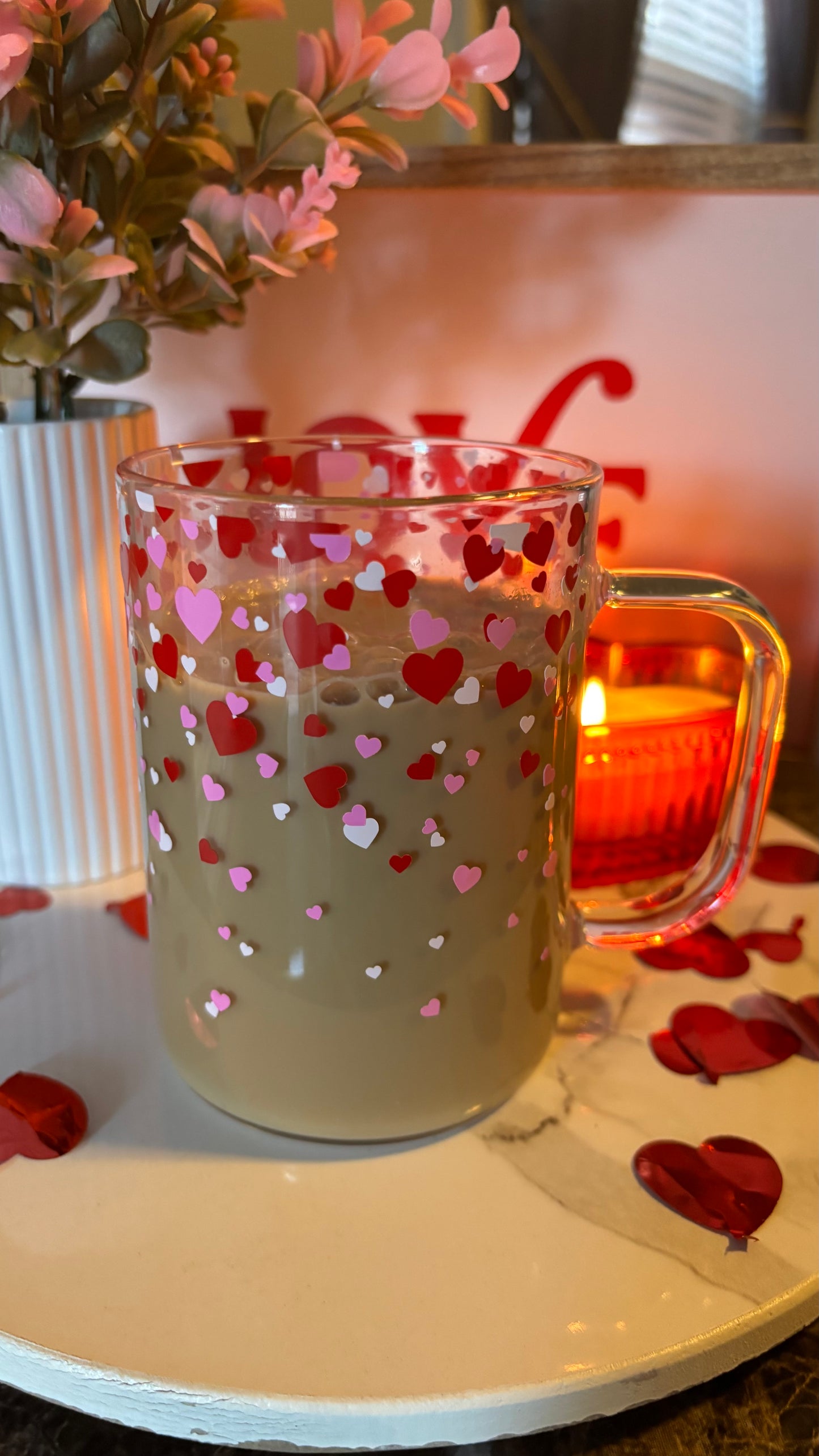 Confetti hearts glass mug