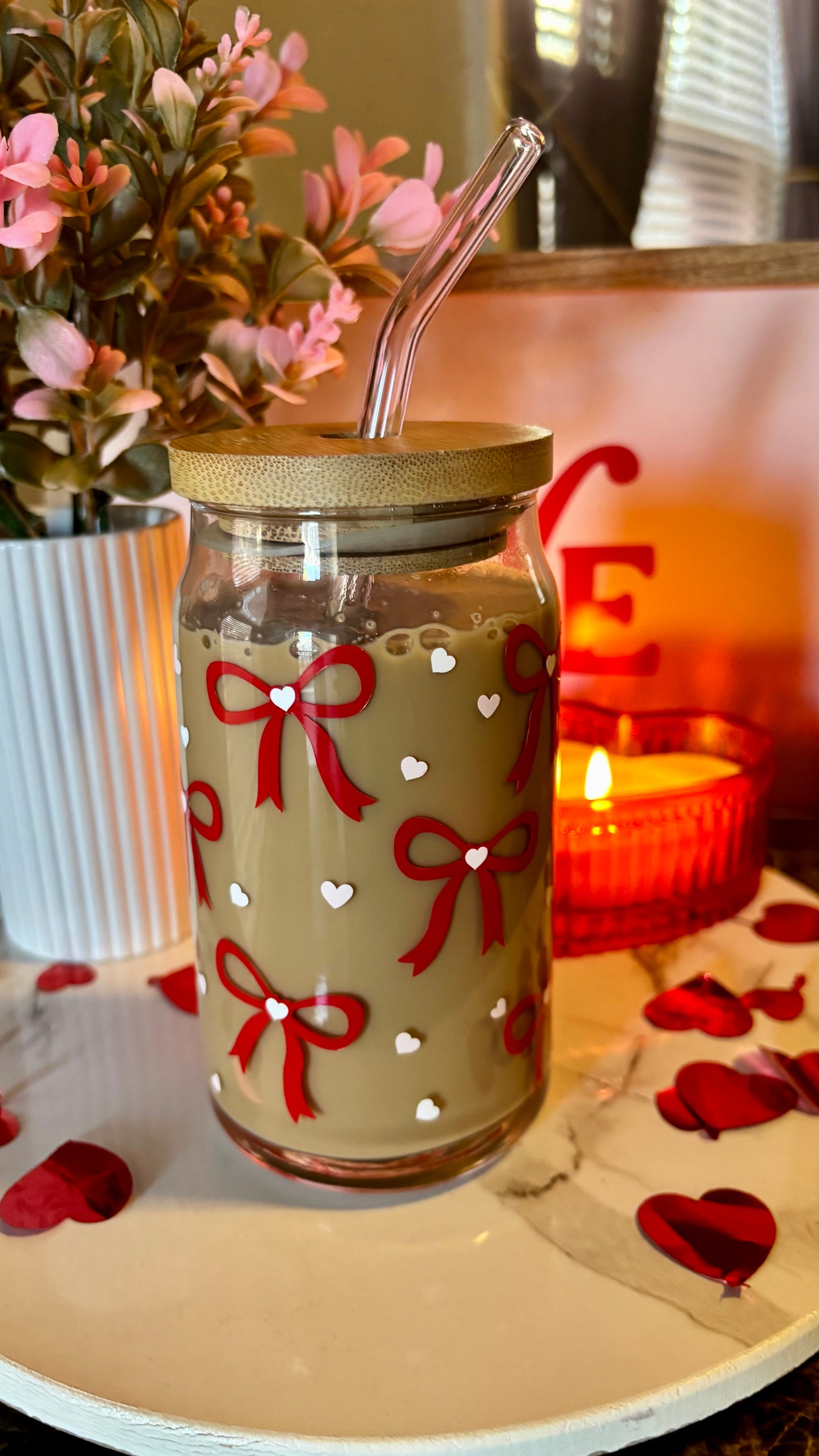 Valentines coquette bows glass cup
