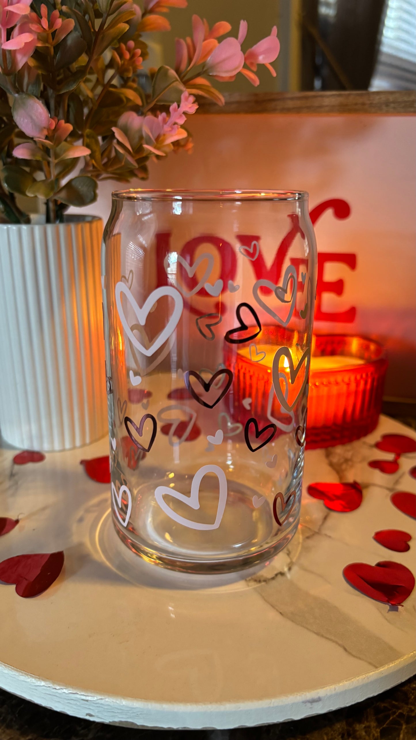 Pink hearts glass cup
