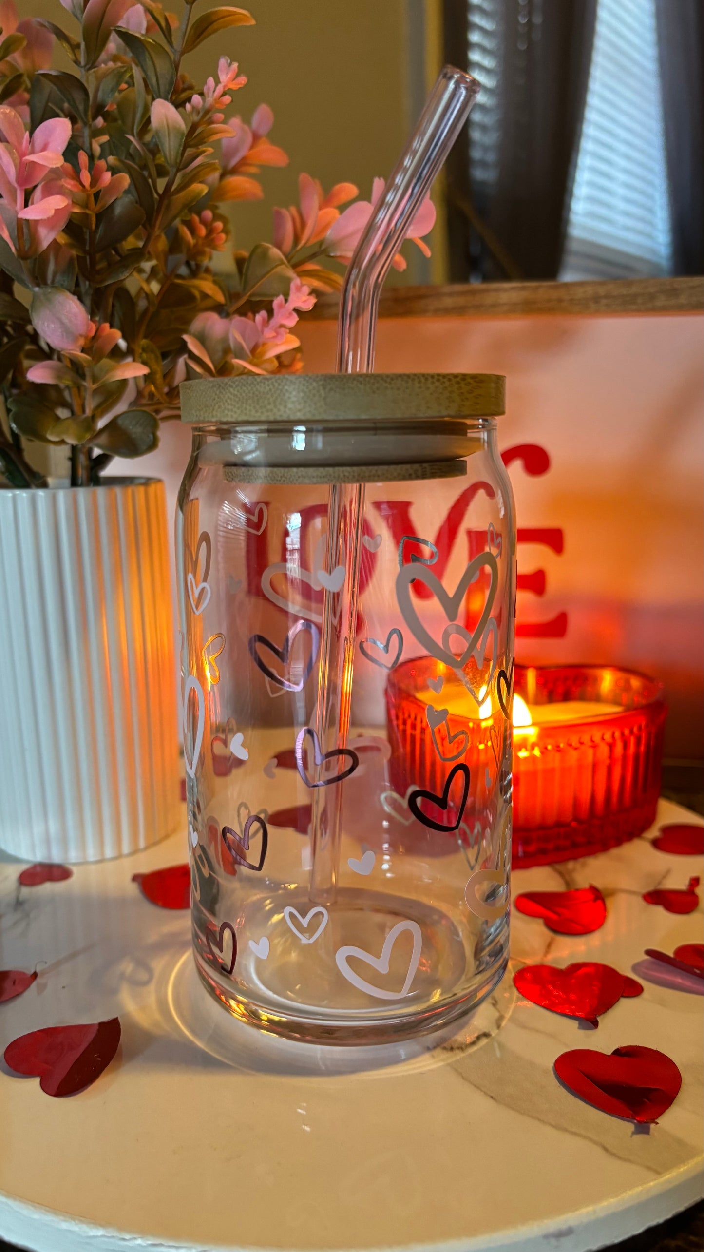 Pink hearts glass cup