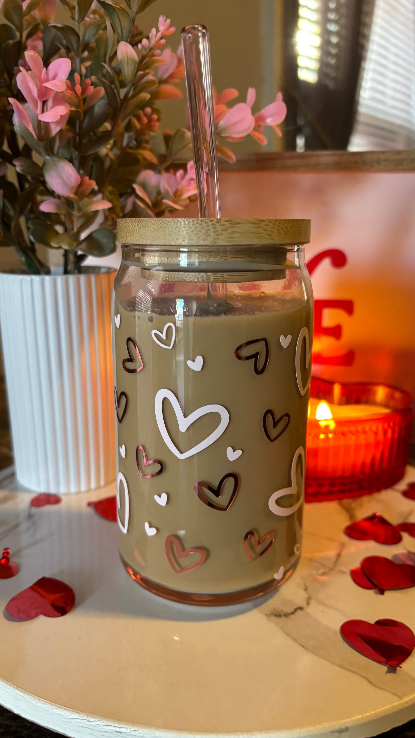 Pink hearts glass cup