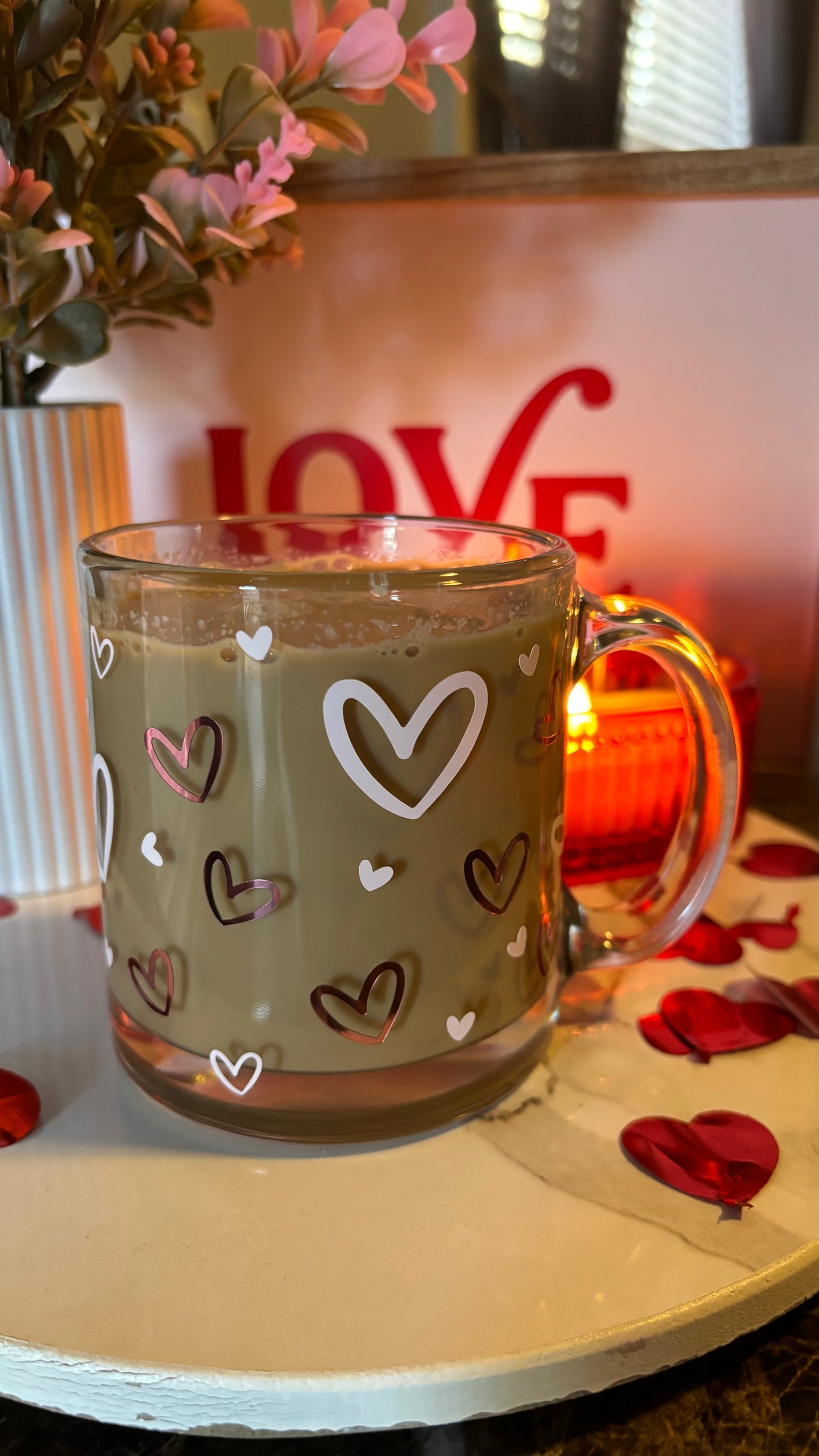 Pink hearts glass mug