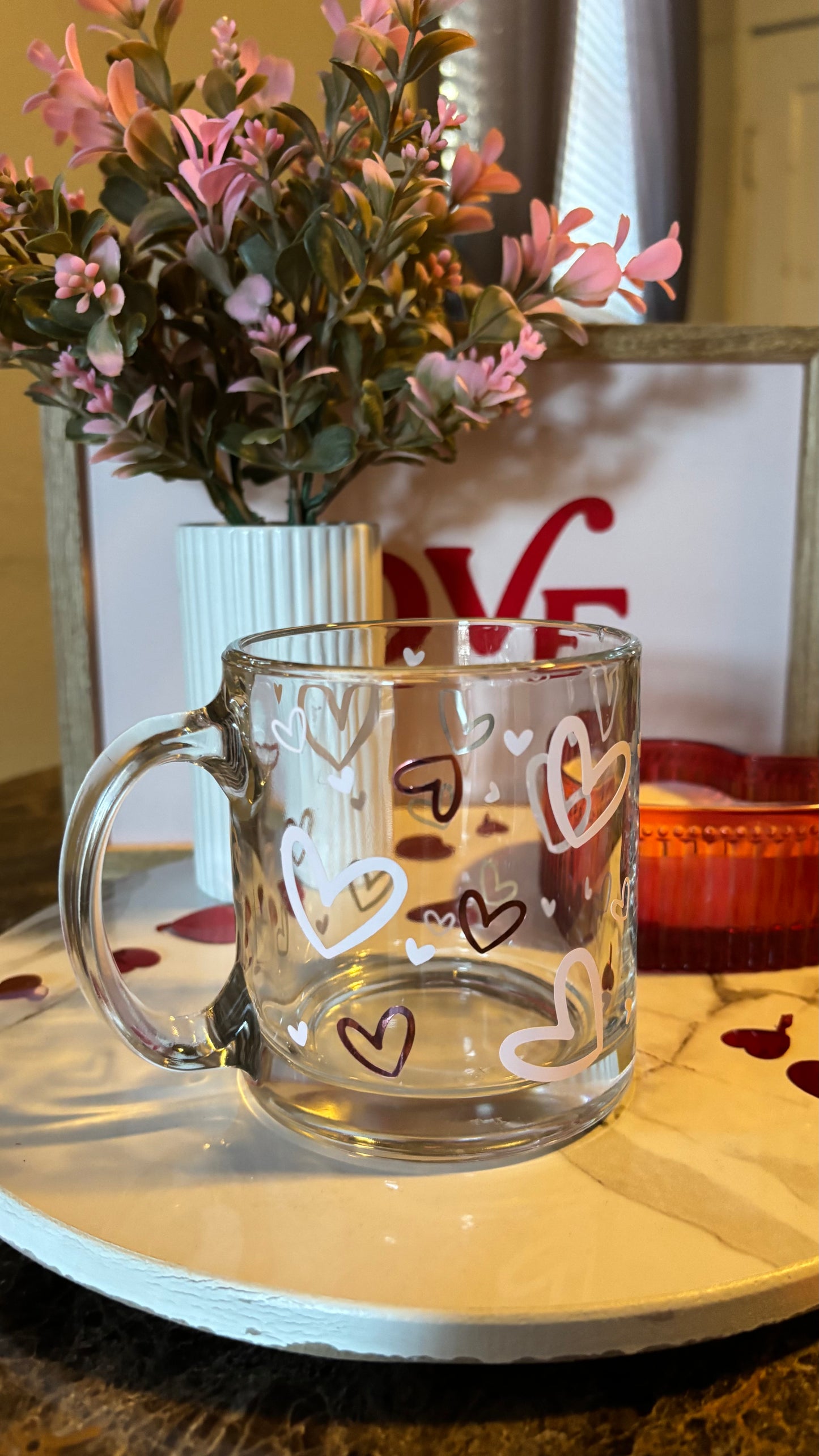 Pink hearts glass mug