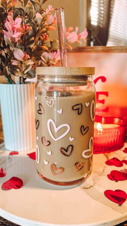Pink hearts glass cup