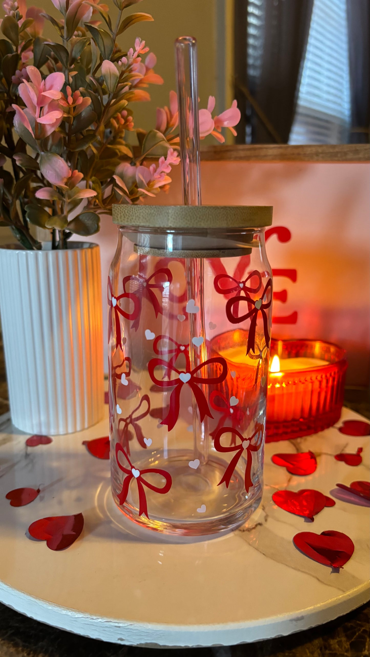 Valentines coquette bows glass cup