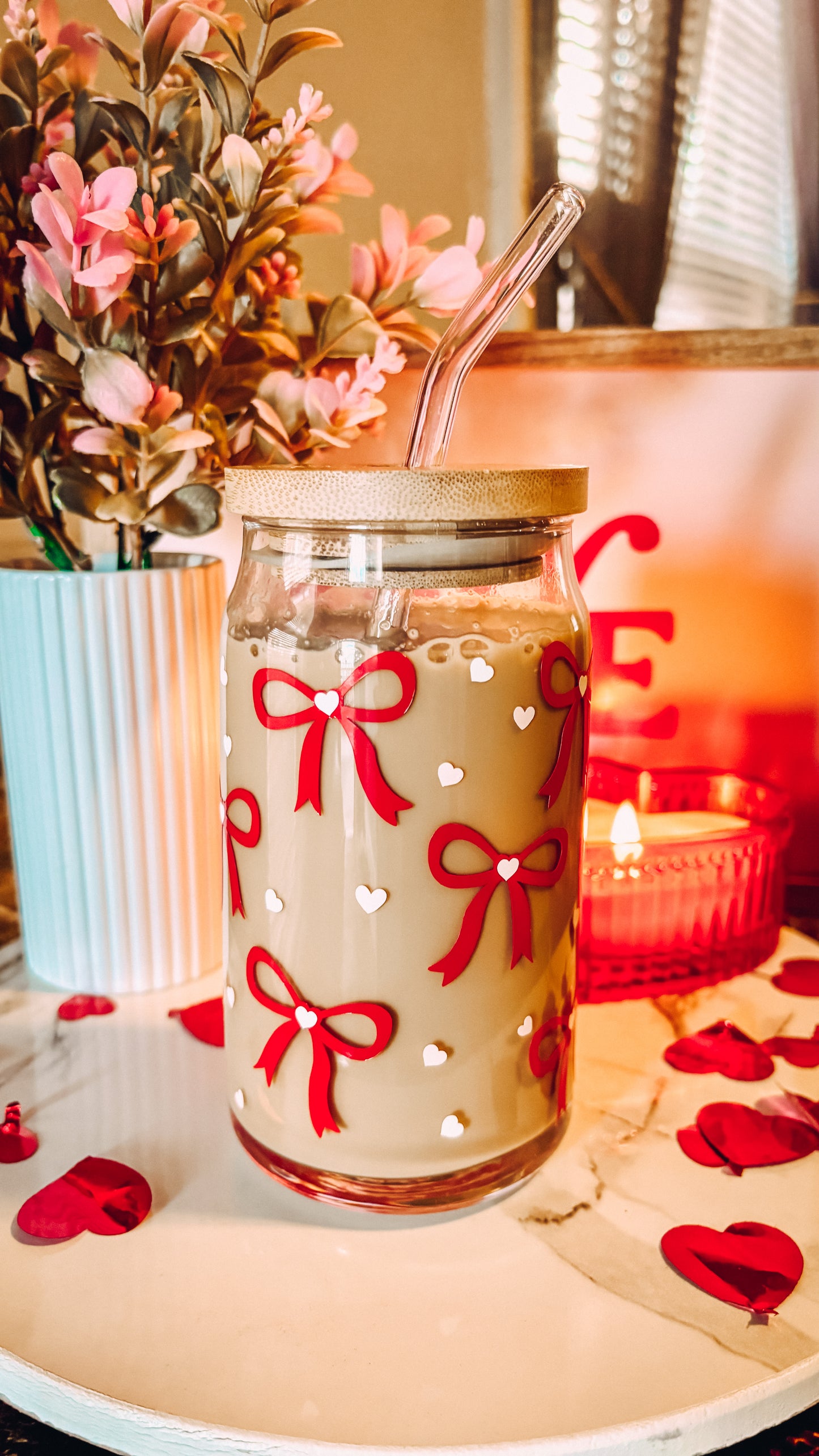 Valentines coquette bows glass cup